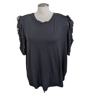 Philosophy Woman NEW Plus 2X Top Blouse Black Ruffle Sheer Short Sleeve Stretch